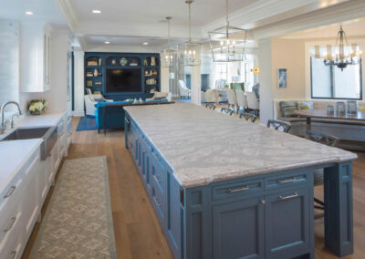 quartz counter top on blue cabinets