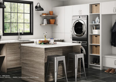 grey wood cabinets and white countertops in laundry room